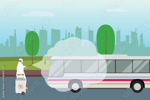 Disinfectant vector concept: Young man spraying disinfectant to the bus while wearing protective suit