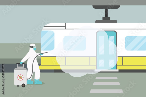 Disinfectant vector concept: Young man spraying disinfectant to the train in station while wearing protective suit