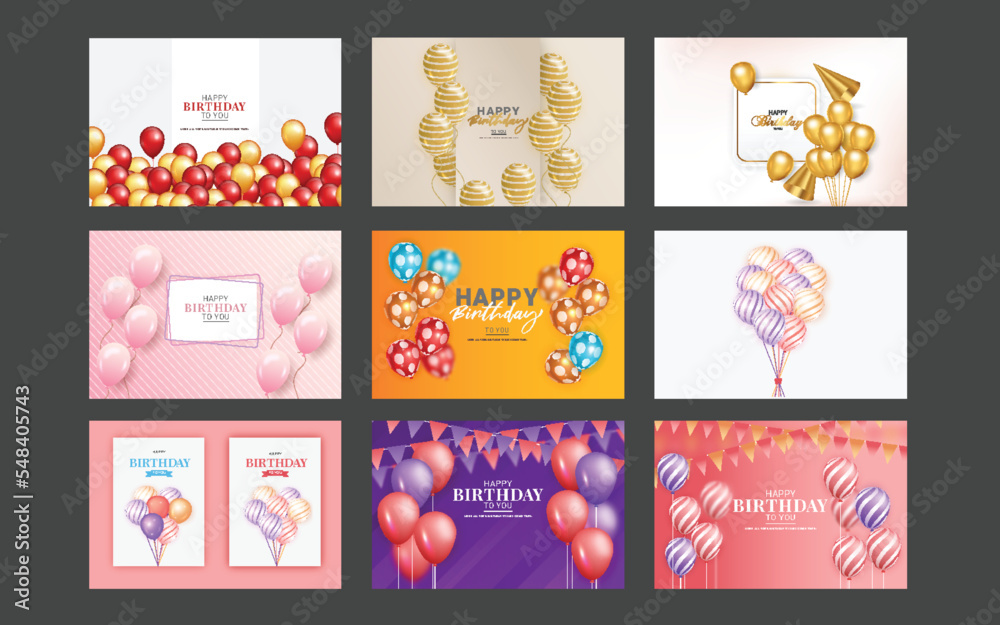Birthday background set  with realistic balloons and golden confetti Happy birthday greeting card set 