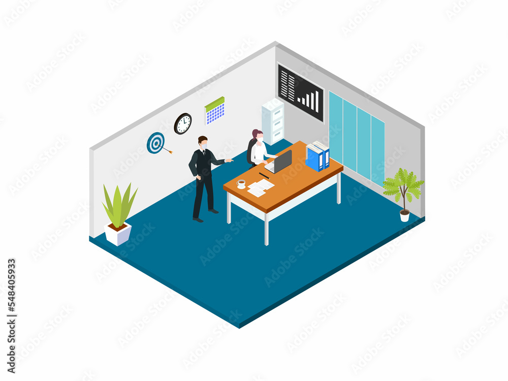 Businessman in face mask talks with female worker Businessman in face mask talks with female worker