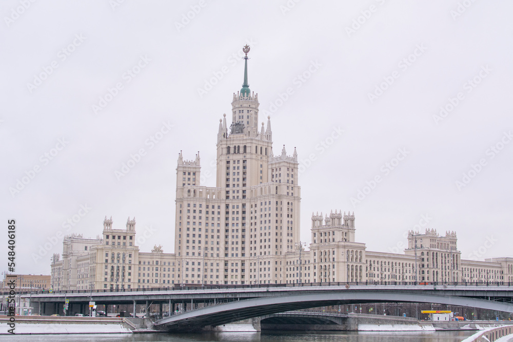 Moscow , Russia - November 19, 2022 : High-rise building on Kotelnicheskaya embankment. One of the seven completed Stalin skyscrapers.