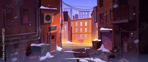 Rain at dark city corner, dirty nook puddles, back exit door, litter bins and scatter garbage, narrow backstreet with old buildings and view on rainy town landscape, Cartoon vector illustration