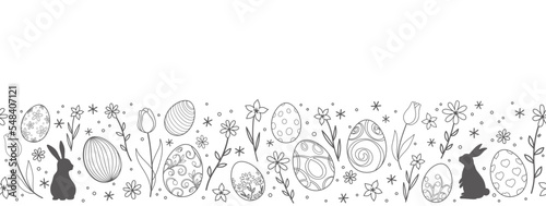 Easter Vector Background Illustration With Easter Bunnies, Eggs, Flowers, And A Text Space On A White Background. Horizontally Repeatable.