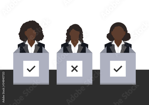 woman team voter with mark at polling station background