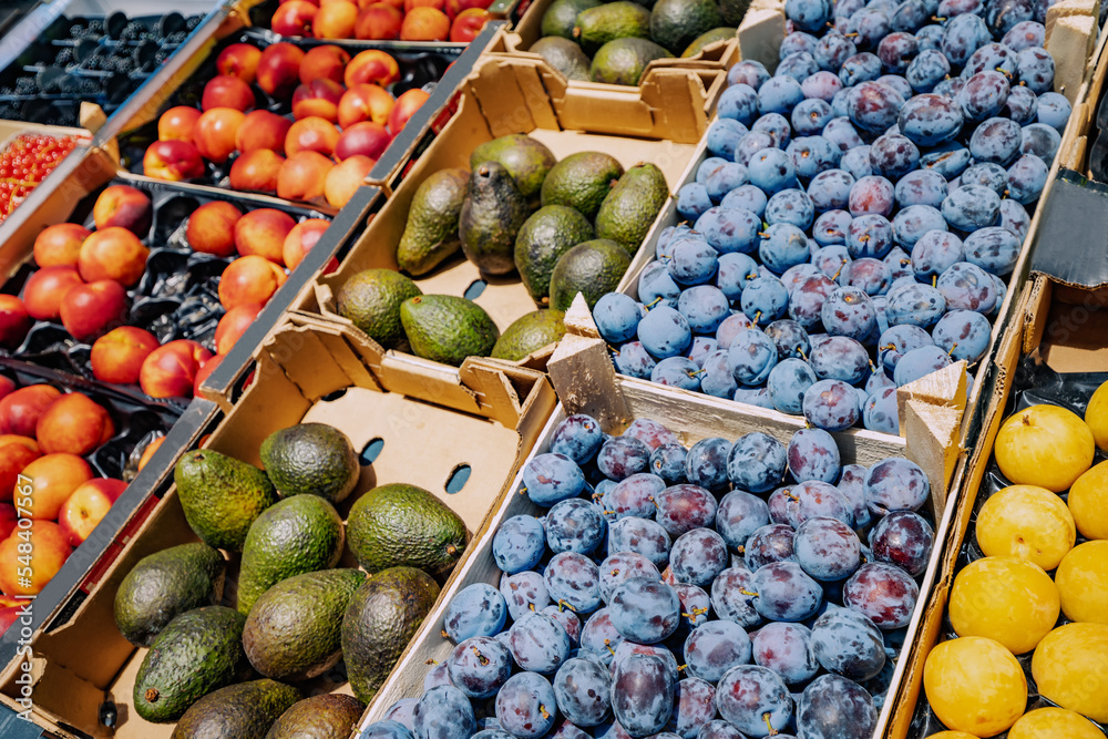 Plum, avocado and other fruits for sale in supermarket or at farmers market