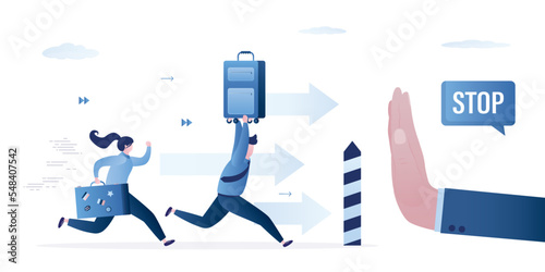 Immigration difficulties, people refugees cannot relocate due to restrictions, sanctions or visa problems. Big hand in gesture - stop before border line. Emigration, escape from war,