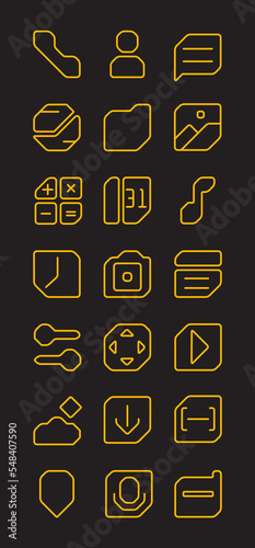 Lined yellow Sci-fi tech mobile app icon set  perfect for android UI or Theme designer