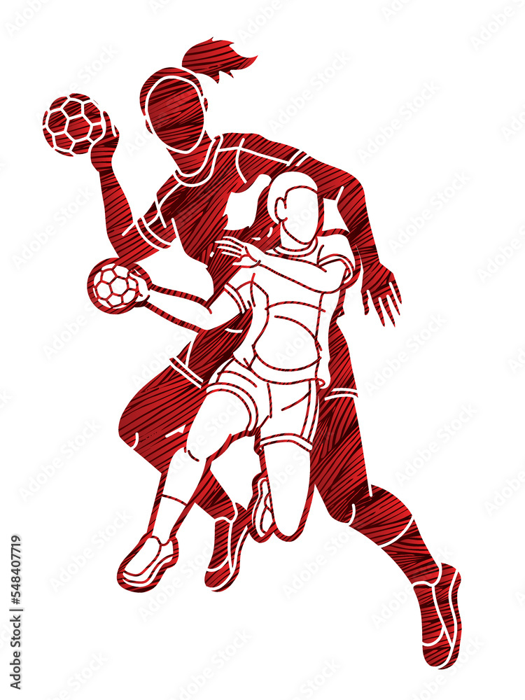 Group of Handball Players Female Mix Action Cartoon Sport Team Graphic Vector Group of Handball Players Female Mix Action Cartoon Sport Team Graphic Vector