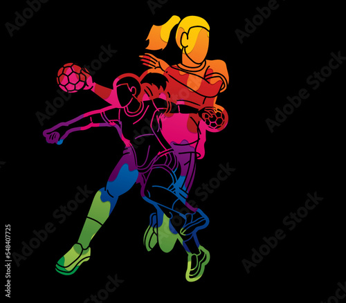Group of Handball Players  Female Mix Action Cartoon Sport Team Graphic Vector