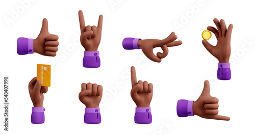 Different hand gestures, thumb up, pointing, surf greeting, flick and fist. Man hand holding coin, bank card, show symbols of like, rock and aloha isolated on white background, 3d render illustration