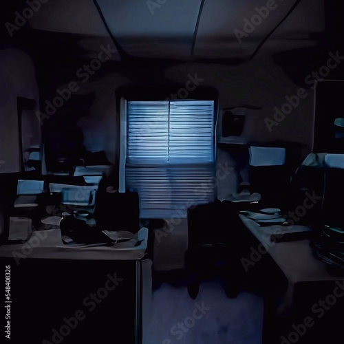 Creepy office room with blue light at halloween night 