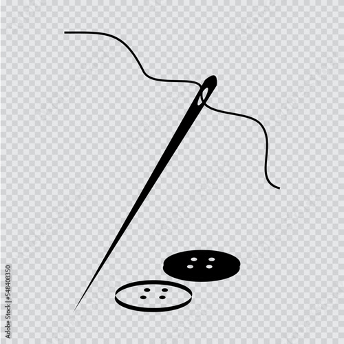 Needle and two knobs, sewing, vector icon, black color,  transparent design, checkered background