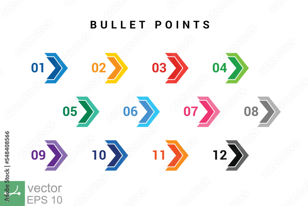 Direction number bullet points from one to twelve. Simple flat style. Number with arrow for list and tag infographic. Vector illustration isolated on white background. EPS 10.