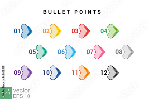 Direction number bullet points from one to twelve. Simple flat style. Number with arrow for list and tag infographic. Vector illustration isolated on white background. EPS 10.
