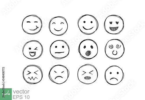 Hand drawn emotion faces. Doodle emoticons sketch, thin line icons of happy, sad, cute, fun, and angry face expression. Vector illustration isolated on white background. EPS 10.