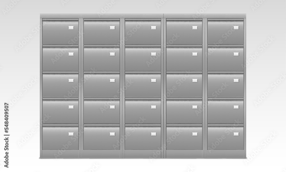 File cabinet with drawers for documents. Office card catalog with closed metal boxes, data archive storage for folder files. Business administration, docs management Realistic 3d vector illustration File cabinet with drawers for documents. Office card catalog with closed metal boxes, data archive storage for folder files. Business administration, docs management Realistic 3d vector illustration