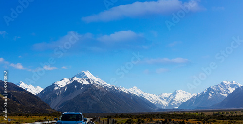 The Landscape view of mountain range near Aoraki Mount Cook and the road leading to Mount Cook Village in New zealand