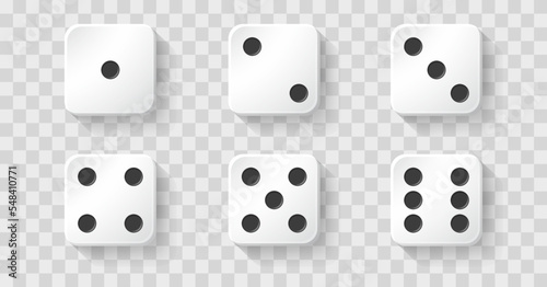 Realistic game dice cubes from one to six dots. Gambling objects to play in casino, poker. Six faces of cube with rounded edges. Traditional die with faces marked with numbers of dots from 1 to 6.