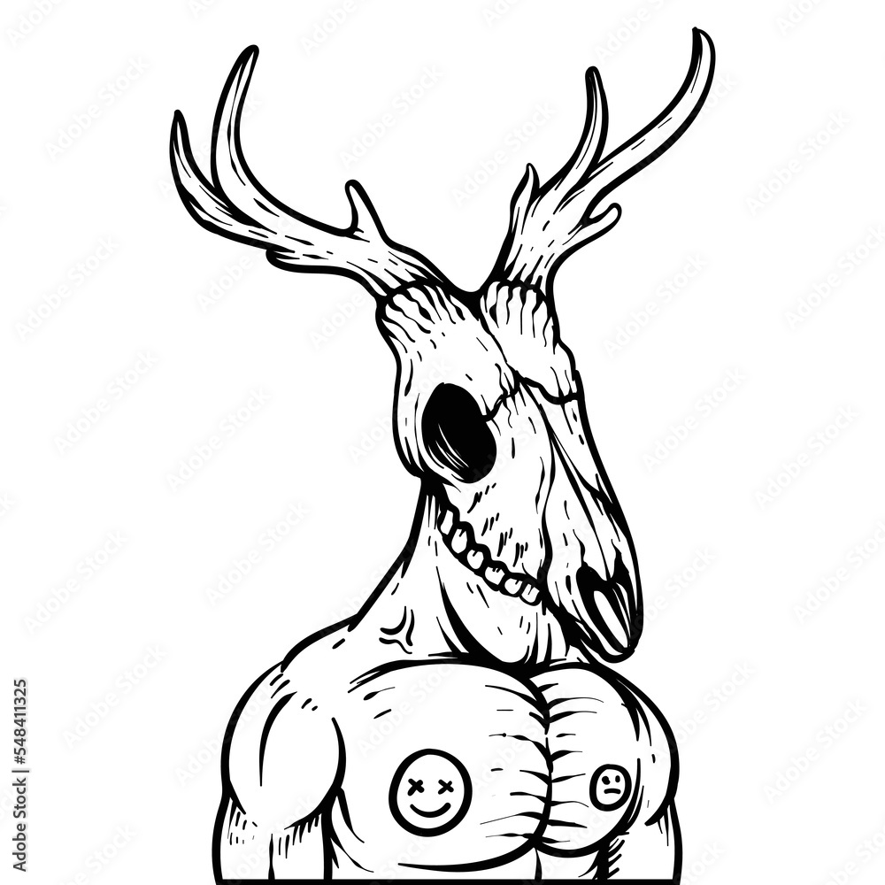 deer skull nft style character line art black and white 