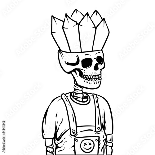 hand drawn skull diamond nft style line art black and white