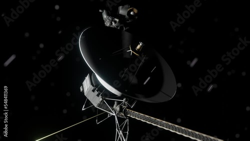 3D Animation of the Voyager space probe traveling through space with particles and dramatic lighting photo