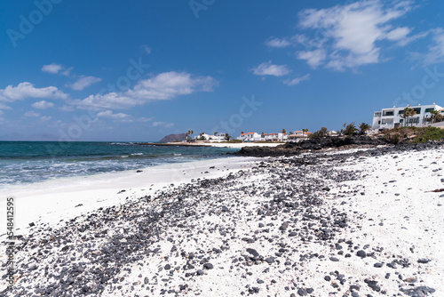 Popcorn beach and Atlantic ocean with view of nearby hotels or islands, Corralejo, Fuerteventura, Canary Islands