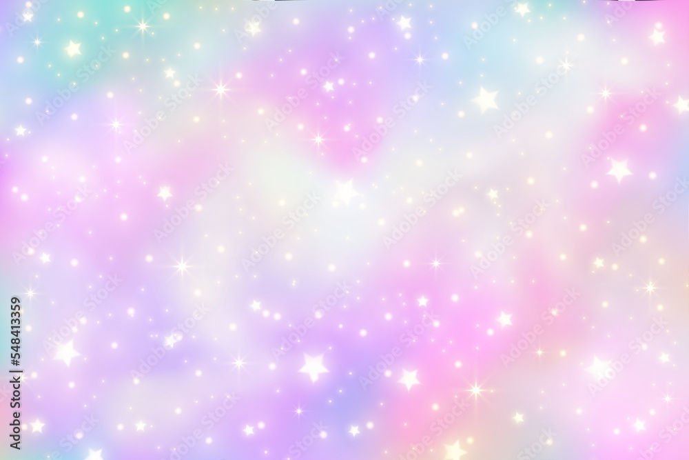 Rainbow unicorn background. Pastel gradient color sky with glitter stars. Magic pink galaxy space. Vector fairy abstract pattern.
