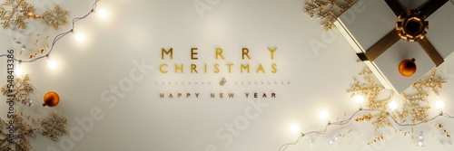 Merry Chrismas and Happy New Year banner with gift box and decoration gifts background.3D rendering photo