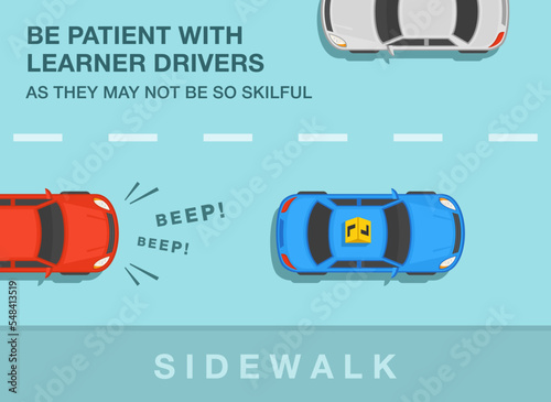 Safe car driving tips and traffic regulation rules. Be patient with learner drivers as they may not be skilful. Top view of a blue learner car on the street. Flat vector illustration template.