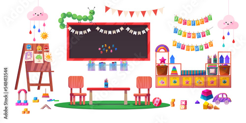Kindergarten or primary school interior design elements. Vector cartoon illustration of furniture, toys, board, colorful wall decorations, childrens paintings isolated on white. Kids education space