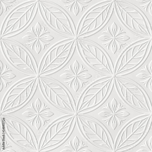 Embossed moroccan pattern on paper background, seamless texture, flowers and leaves pattern, paper press, 3d illustration