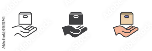Hand holding package box different style icon set
