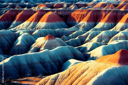 Rocky mountainous deserts. Badlands with geological formations.	