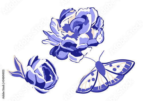 The blue peony and moth isolated on a white background. Decorative objects. Vector illustration in vintage style, tattoo art, t-shirt design.