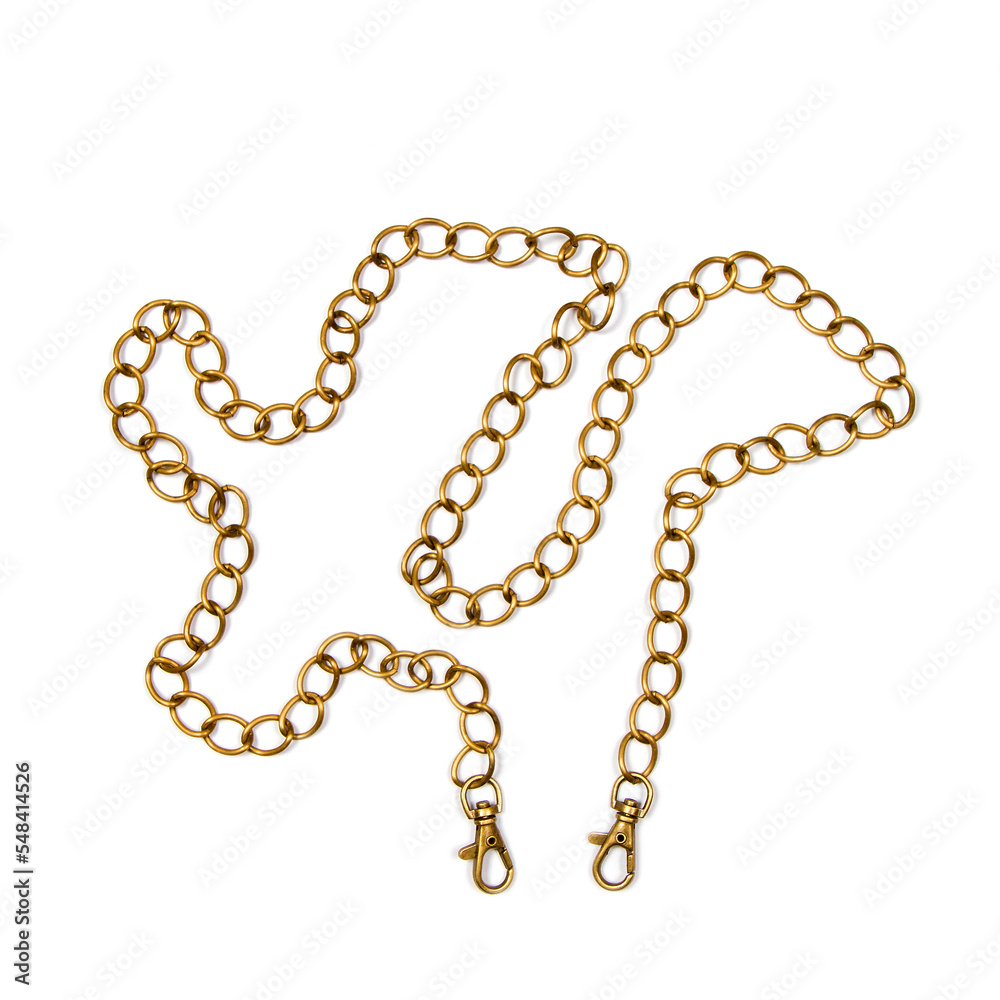 Metal chain on a white background. Yellow chain with carabiners for bags. Metal chain on a white background. Yellow chain with carabiners for bags.