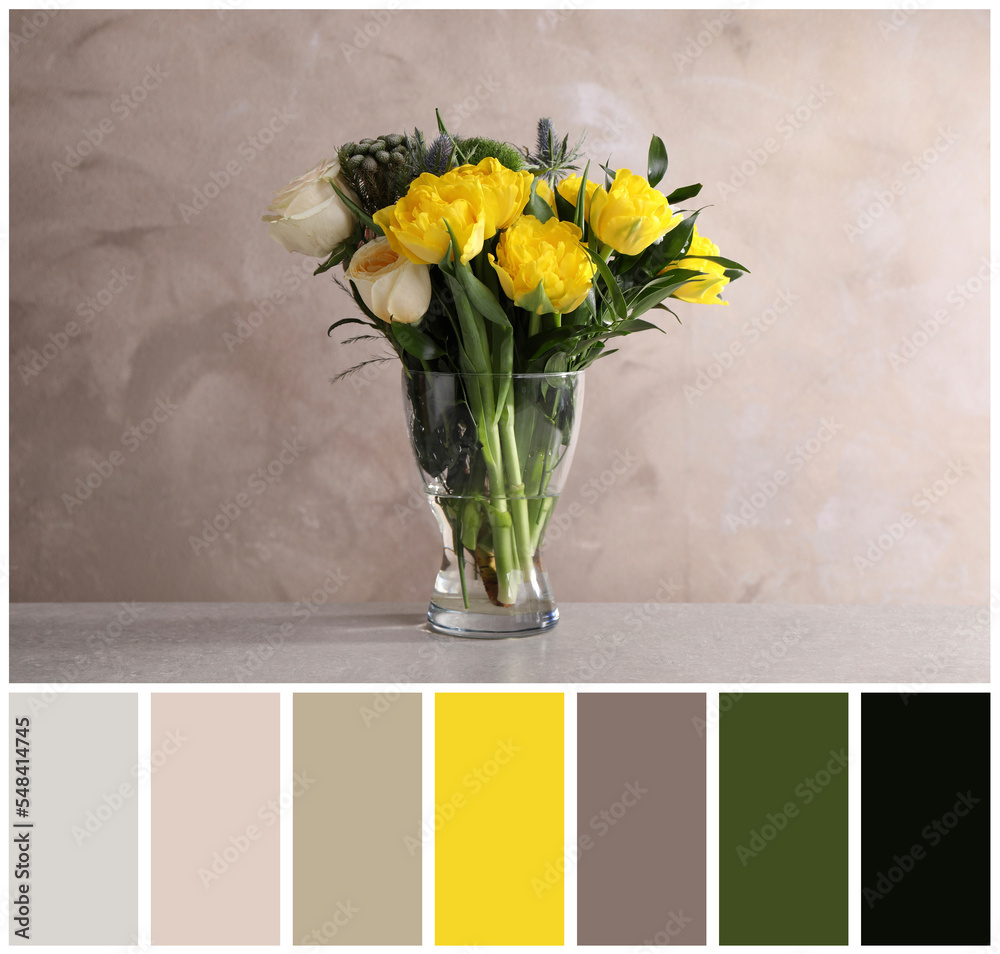 Fototapeta premium Beautiful bouquet with peony tulips on table and color palette. Collage
