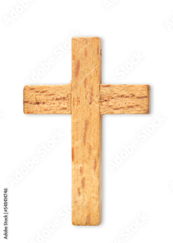 A simple wooden cross on a white background. Close-up of the wooden cross.