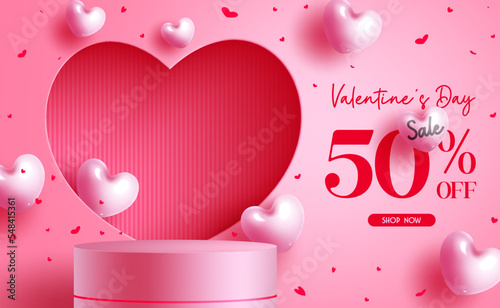 Valentine's day sale podium vector banner design. Happy valentine's day promo discount offer with stage product display presentation. Vector Illustration.