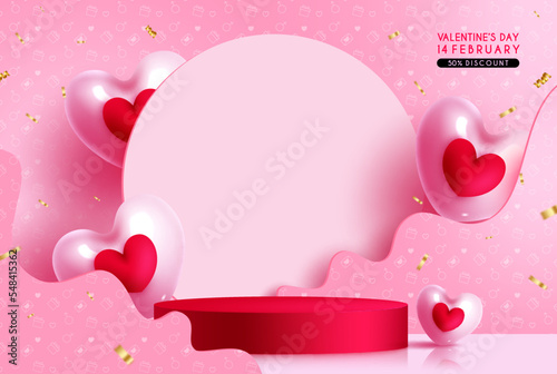 Valentine's day podium vector design. Happy valentine's day sale with stage and cylinder for product display background. Vector Illustration.