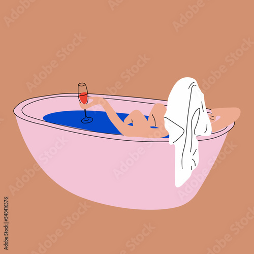 Woman taking a relaxing bubble bath and drinking red wine, side view. Vector in cartoon style. All elements are isolated