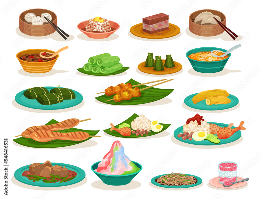 Traditional Malaysian Cuisine Dishes and Food Served on Plate Big Vector Set