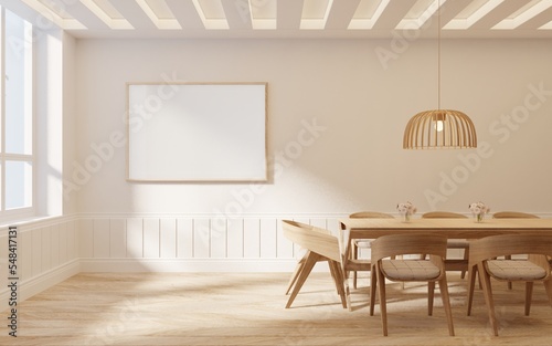 Mockup picture frame on the wall interior dining room style scandinavian and bohemian.3d rendering photo