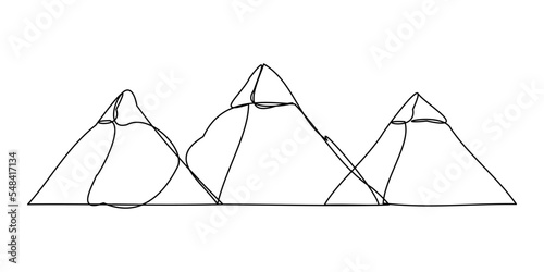 Three egypt ancient pyramid of giza are egyptian pharaoh tomb traingle on white background one line drawing (contour drawing) icon vector design.