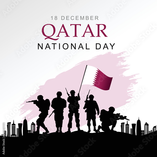 illustration of 18th of December background for Happy national day of Qatar. a soldier with gun and flag. Vector illustration.