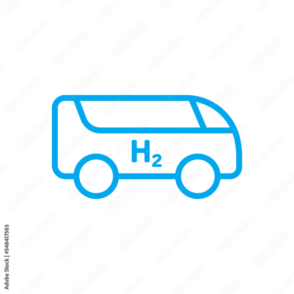 Blue hydrogen fuel bus line icon. Fuel cell vehicle. Sustainable alternative energy concept. H2 powered transportation. Futuristic hydrogen dioxide bus. vector Blue hydrogen fuel bus line icon. Fuel cell vehicle. Sustainable alternative energy concept. H2 powered transportation. Futuristic hydrogen dioxide bus. vector