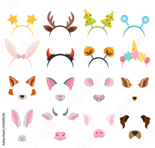 Funny Headbands and Face Animal Mask for Party Big Vector Set