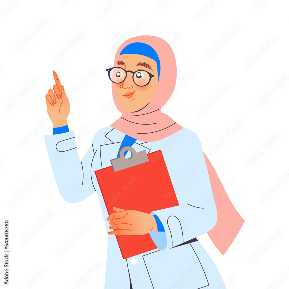 Muslim Woman Doctor or Practitioner in Uniform with Clipboard Engaged in Medical Examination Vector Illustration Muslim Woman Doctor or Practitioner in Uniform with Clipboard Engaged in Medical Examination Vector Illustration