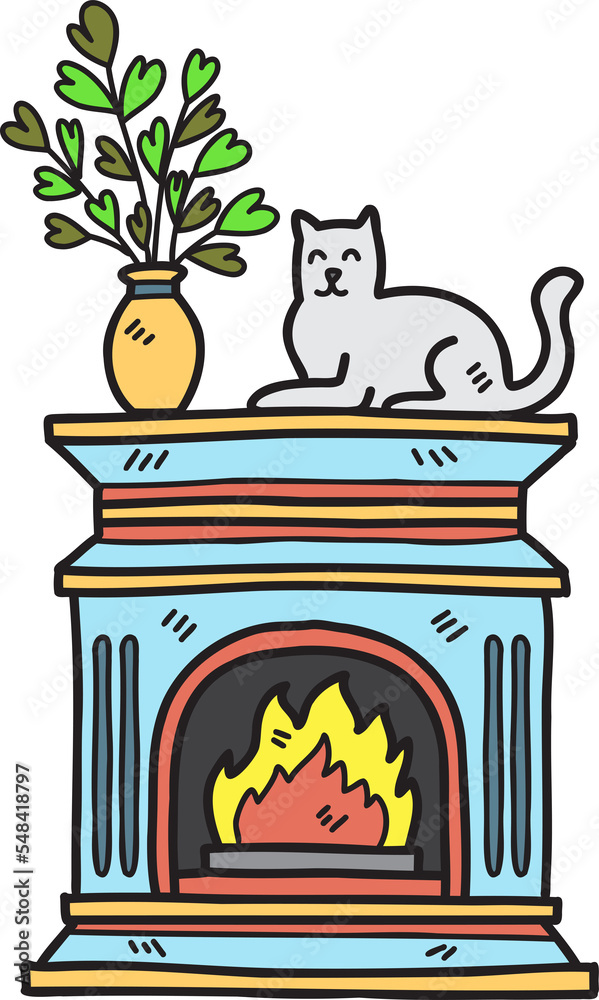 Fototapeta premium Hand Drawn Vintage fireplace with cats and plant pots illustration