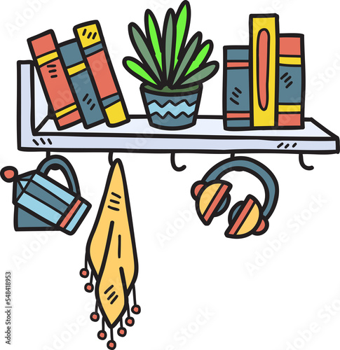 Hand Drawn Hanging shelf with books illustration