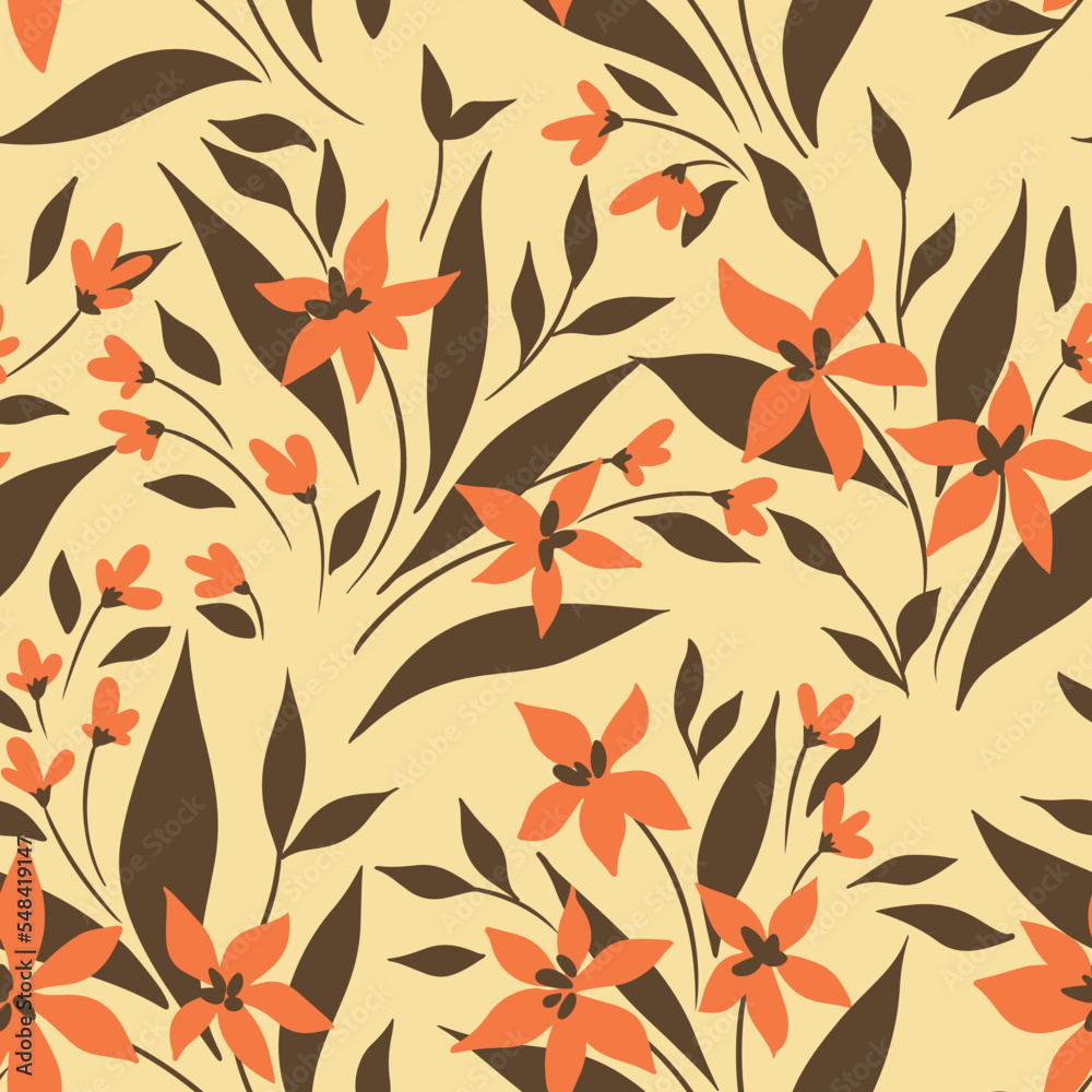 Seamless floral pattern: small wild plants in an abstract arrangement on yellow. Romantic flower print, vintage ditsy background with tiny hand drawn flowers, branches, leaves. Vector illustration. Seamless floral pattern: small wild plants in an abstract arrangement on yellow. Romantic flower print, vintage ditsy background with tiny hand drawn flowers, branches, leaves. Vector illustration.
